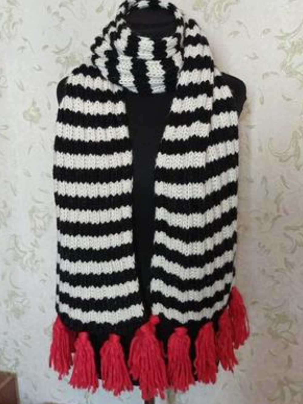 Black & White Striped Knit Scarf with Pink Coral Tassels Extra Long